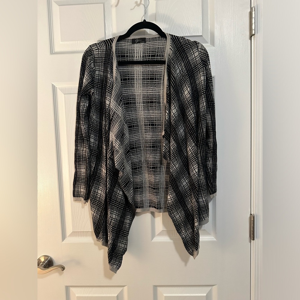 Cyrus Black & White Plaid Draped Open-Front Cardigan